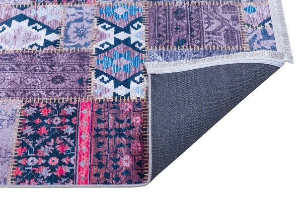 Bohemian Patchwork Rug, Purple Indigo Vintage Style Distressed Carpet, Easy Clean Non-Shedding