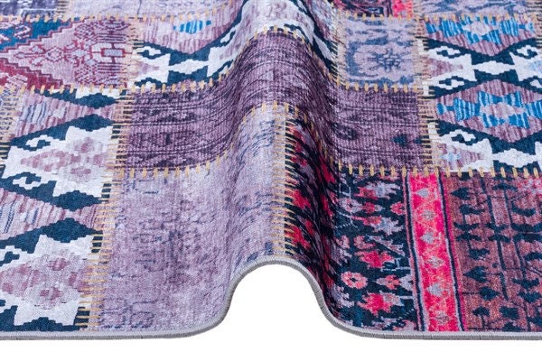 Bohemian Patchwork Rug, Purple Indigo Vintage Style Distressed Carpet, Easy Clean Non-Shedding