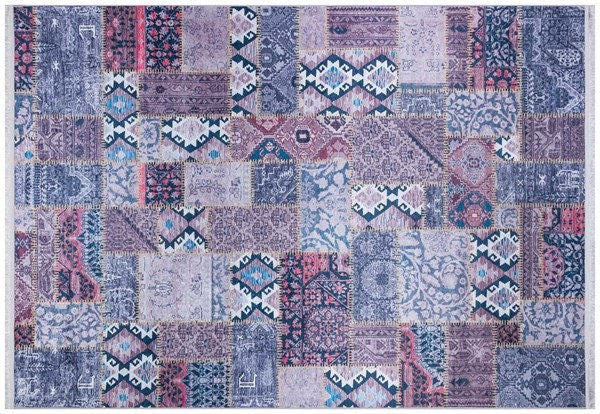 Bohemian Patchwork Rug, Purple Indigo Vintage Style Distressed Carpet, Easy Clean Non-Shedding