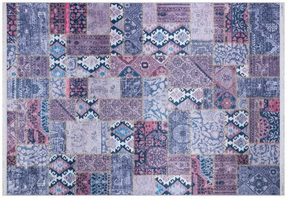 Bohemian Patchwork Rug, Purple Indigo Vintage Style Distressed Carpet, Easy Clean Non-Shedding