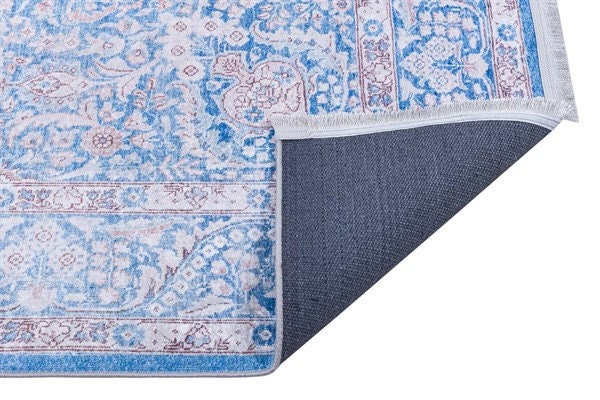 Distressed Light Blue Medallion Rug – Boho Turkish Style, Machine Washable, Non-Slip