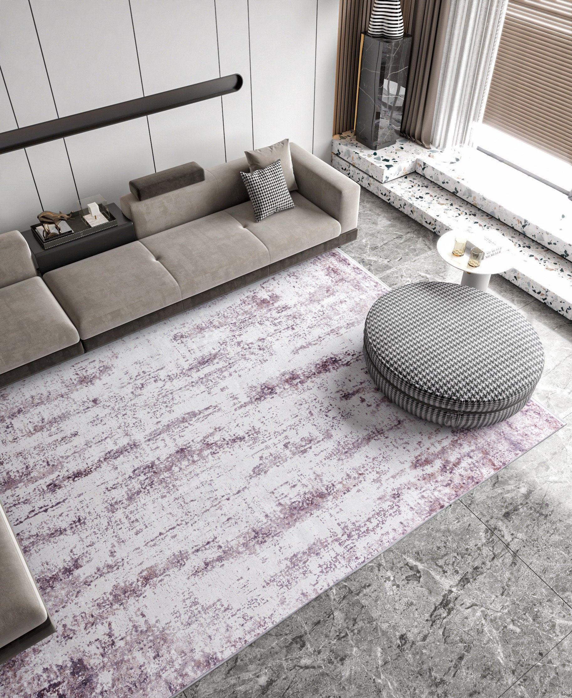 Washable Lavender Abstract Area Rug, Modern Distressed Purple Carpet (Machine Washable)