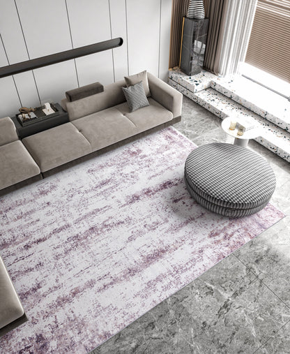 Washable Lavender Abstract Area Rug, Modern Distressed Purple Carpet (Machine Washable)