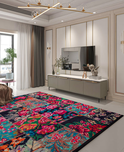 Floral Patchwork Area Rug – Boho Maximalist Pink Teal Flower Carpet, Non-Slip