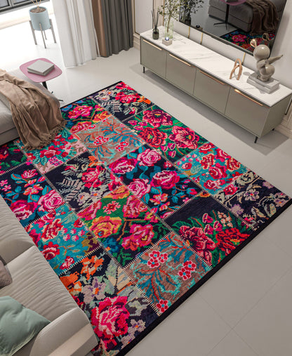 Floral Patchwork Area Rug – Boho Maximalist Pink Teal Flower Carpet, Non-Slip