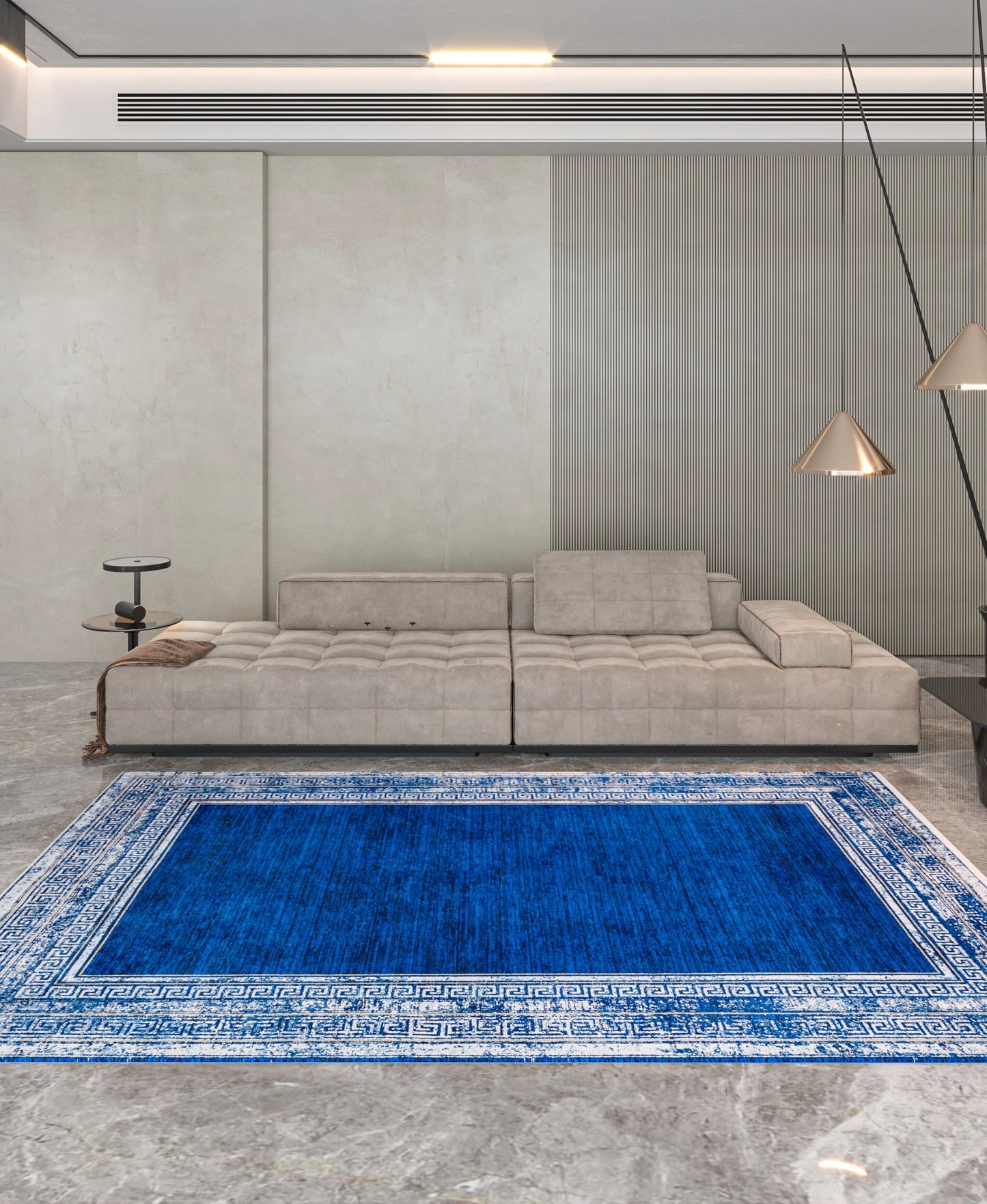 Navy Blue Greek Key Area Rug – Distressed Medallion Border Carpet, Boho Home Decor