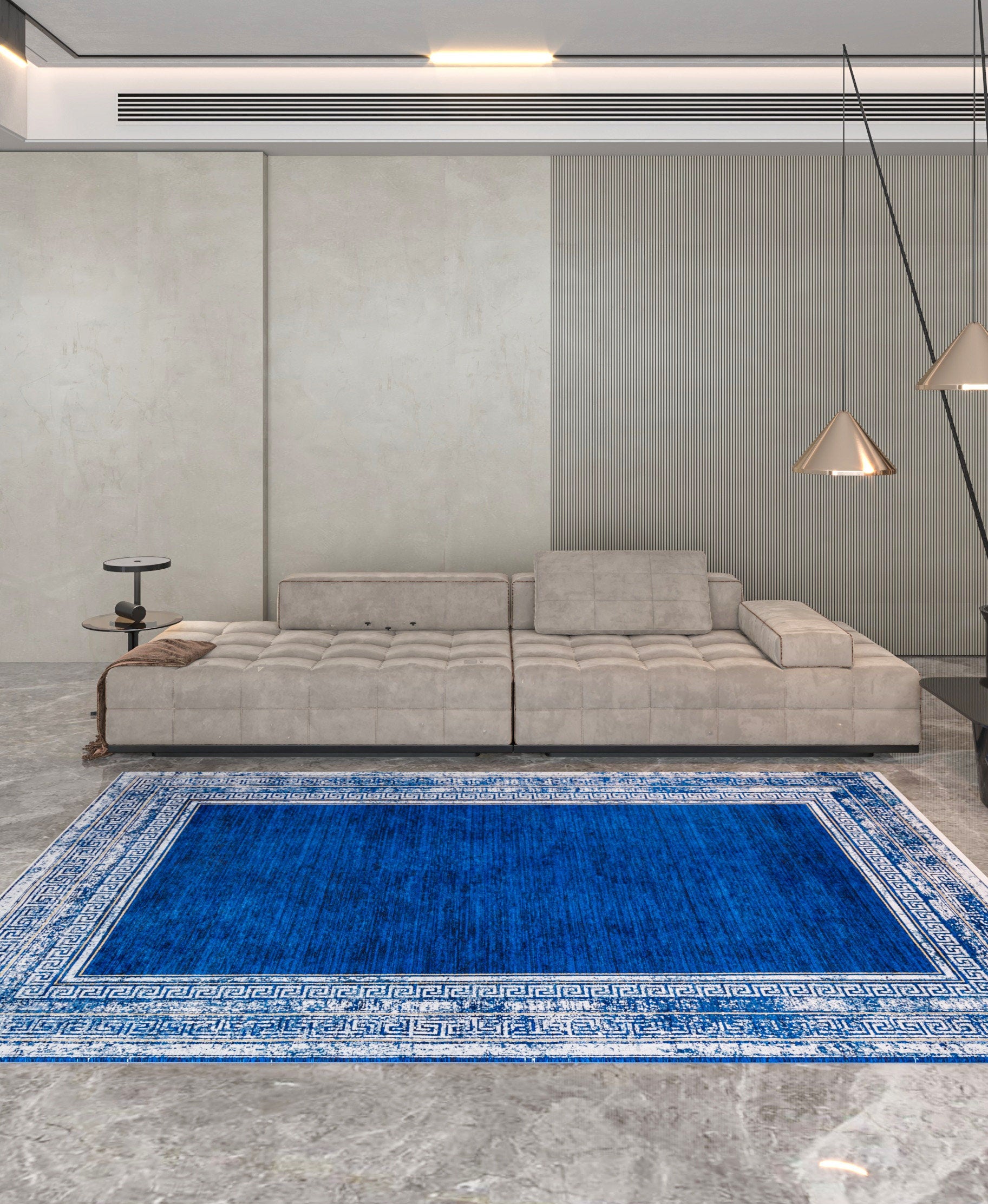 Navy Blue Greek Key Area Rug – Distressed Medallion Border Carpet, Boho Home Decor