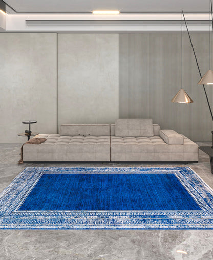 Navy Blue Greek Key Area Rug – Distressed Medallion Border Carpet, Boho Home Decor