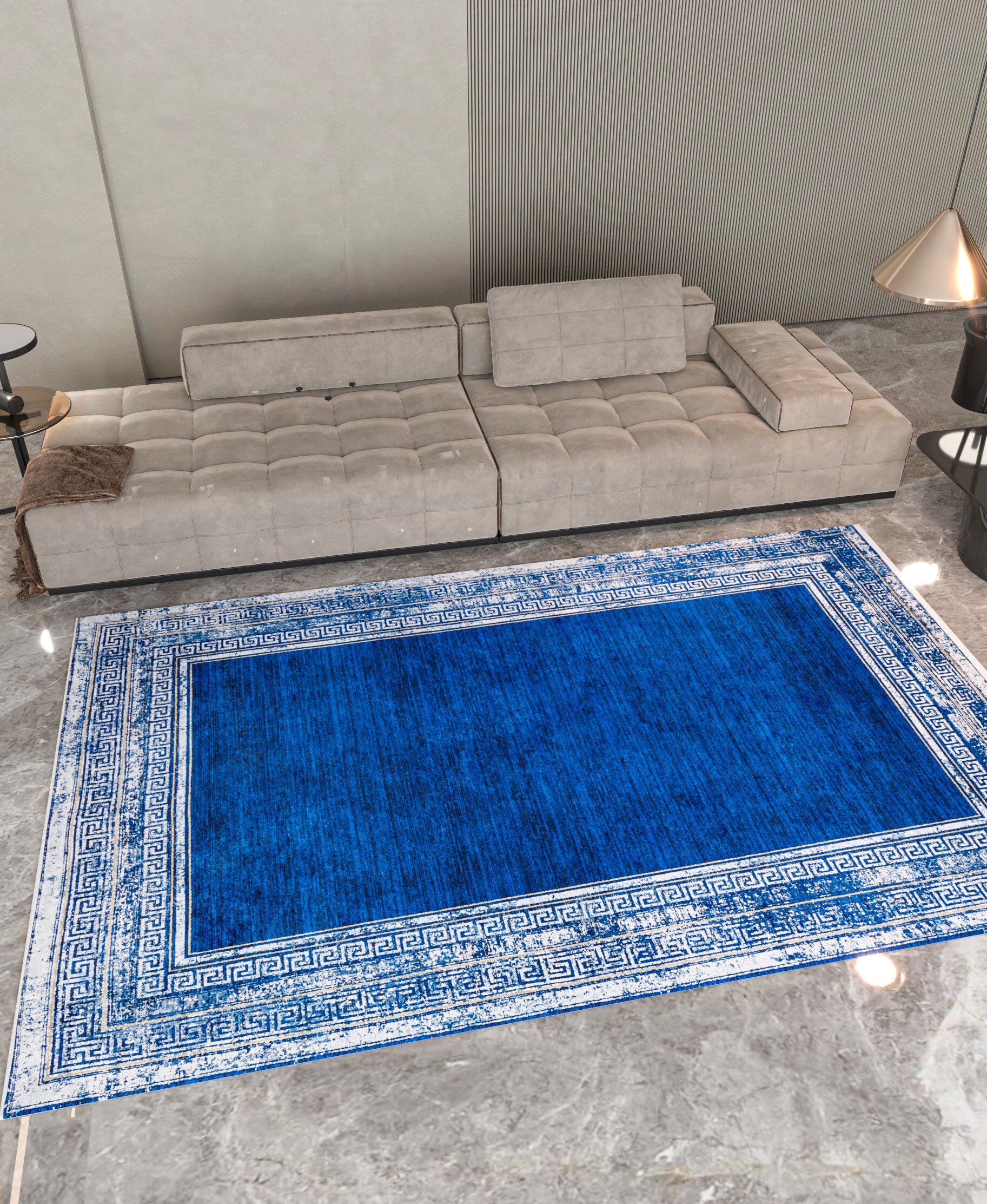 Navy Blue Greek Key Area Rug – Distressed Medallion Border Carpet, Boho Home Decor