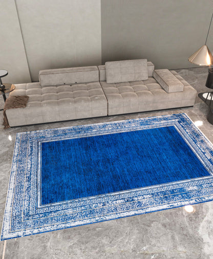 Navy Blue Greek Key Area Rug – Distressed Medallion Border Carpet, Boho Home Decor