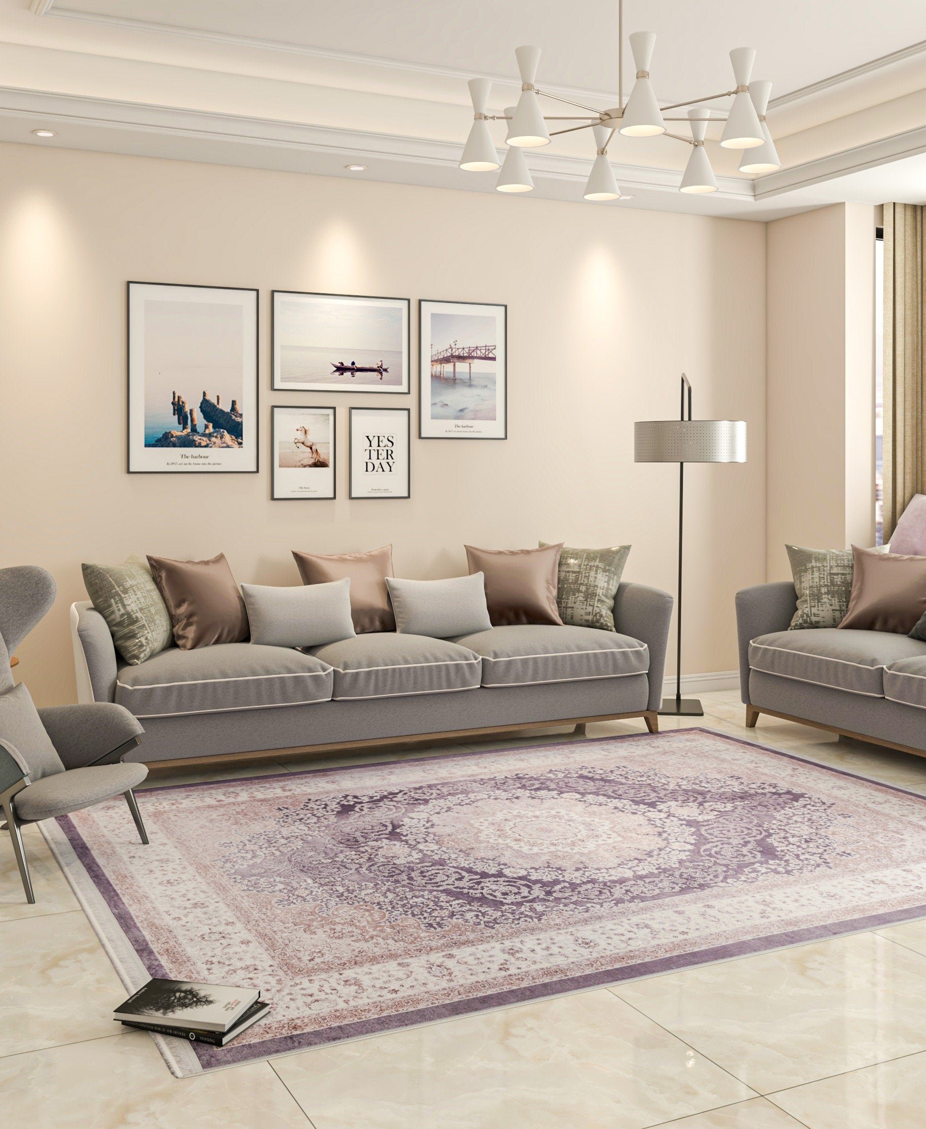 Washable Distressed Persian Medallion Rug – Dusty Mauve Lilac Boho Style