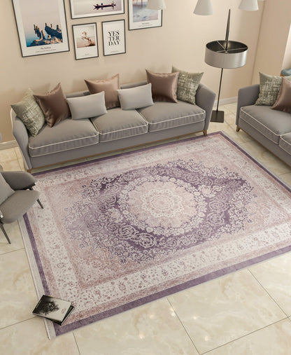 Washable Distressed Persian Medallion Rug – Dusty Mauve Lilac Boho Style