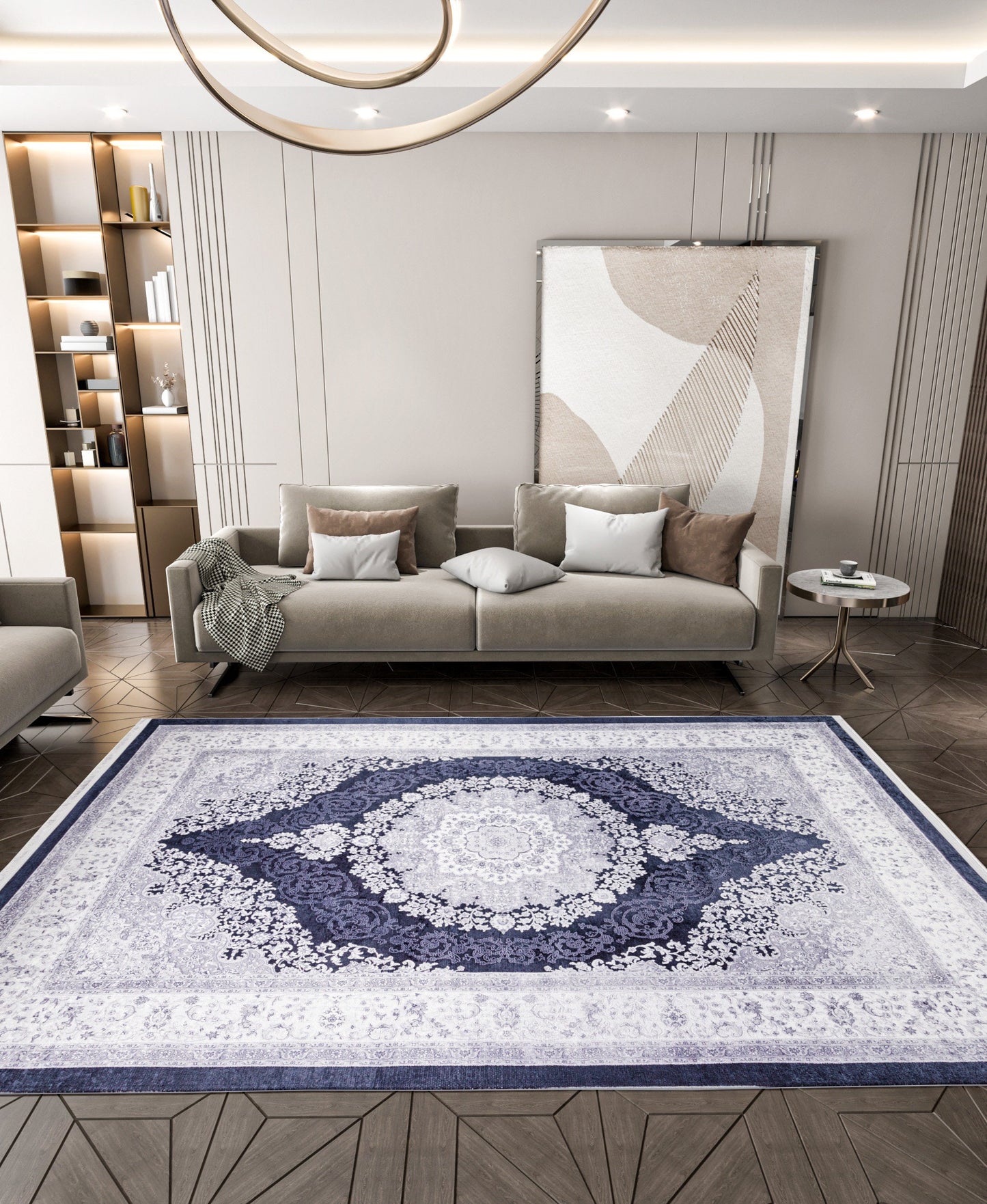 Machine Washable Persian Style Medallion Rug, Distressed Charcoal Grey Living Room Carpet