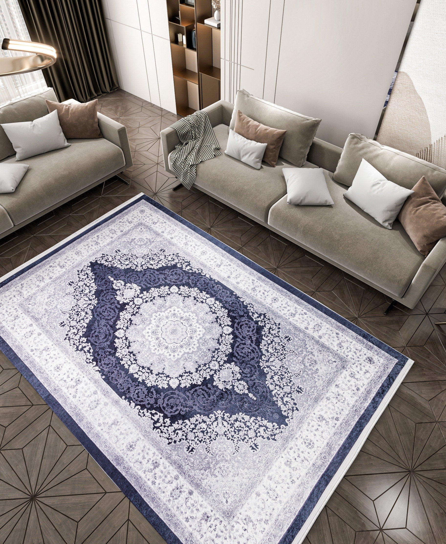 Machine Washable Persian Style Medallion Rug, Distressed Charcoal Grey Living Room Carpet