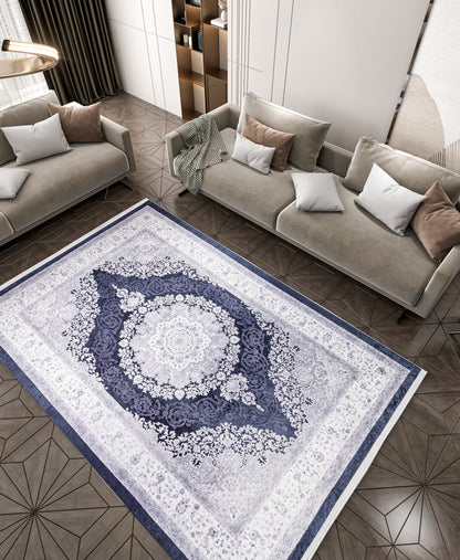 Machine Washable Persian Style Medallion Rug, Distressed Charcoal Grey Living Room Carpet