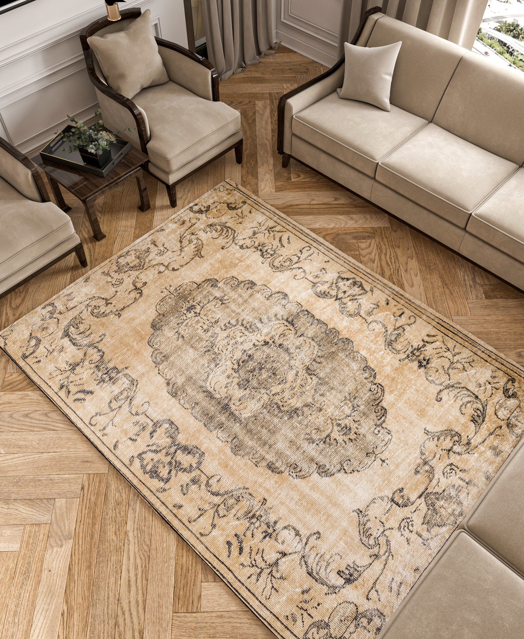 Distressed Medallion Area Rug – Turkish Style Terracotta Oriental Carpet