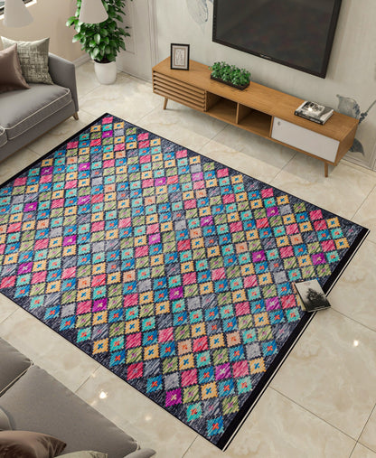Washable Geometric Diamond Area Rug – Vibrant Boho Flatweave Carpet