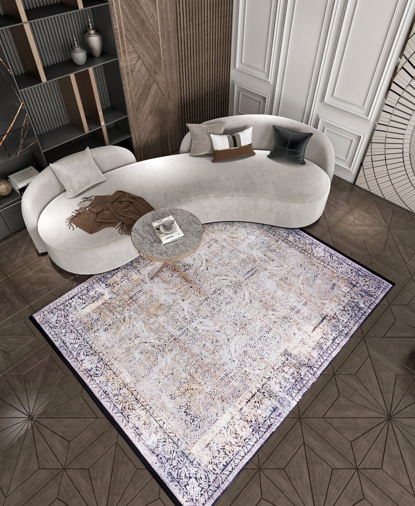 Distressed Persian Style Area Rug, Machine Washable Neutral Living Room Carpet