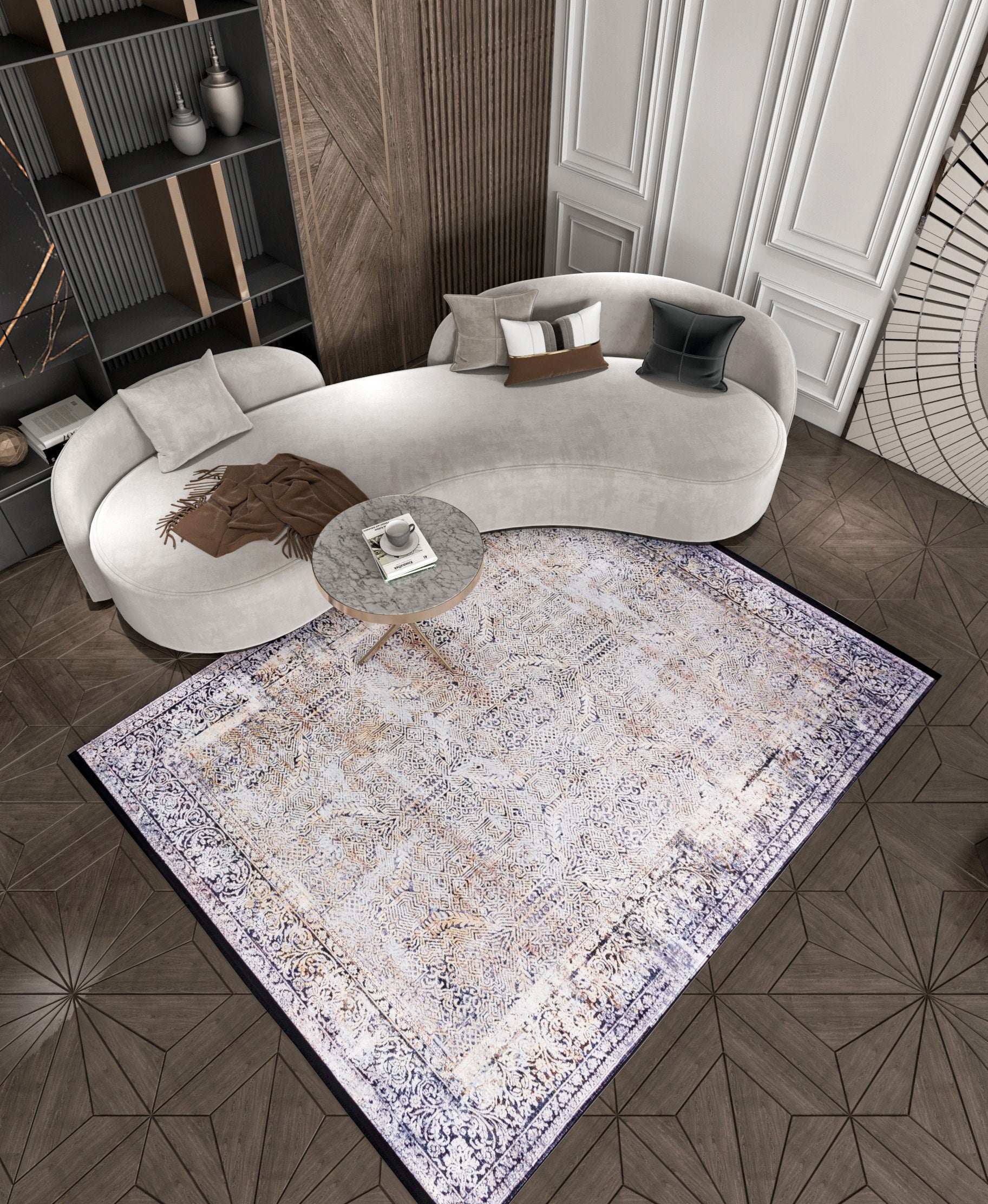 Distressed Persian Style Area Rug, Machine Washable Neutral Living Room Carpet