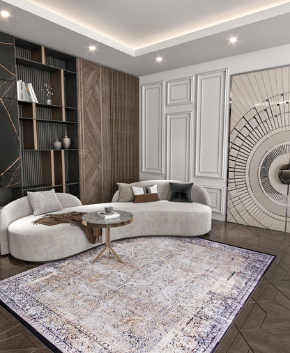 Distressed Persian Style Area Rug, Machine Washable Neutral Living Room Carpet