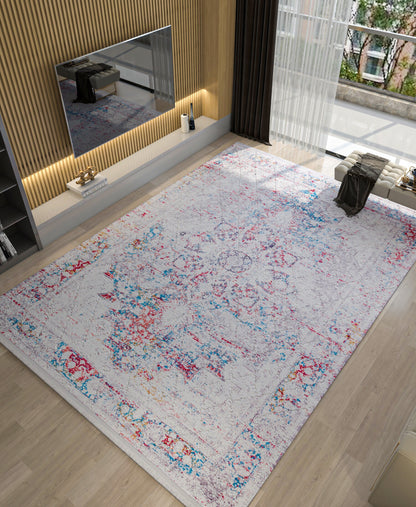 Washable Distressed Persian Area Rug – Boho Medallion Living Room Carpet