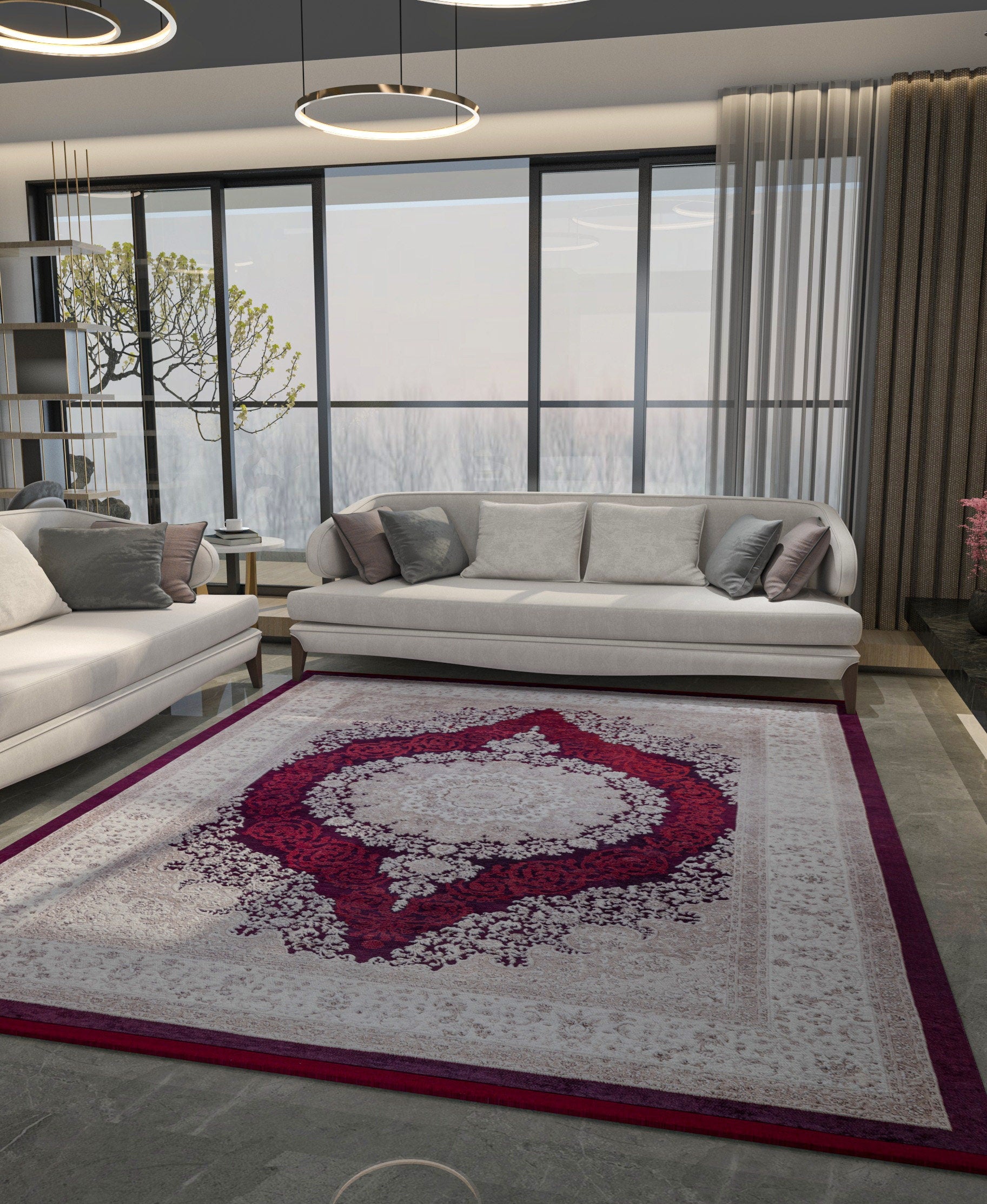 Washable Persian Medallion Rug – Burgundy Cream Distressed Traditional Carpet