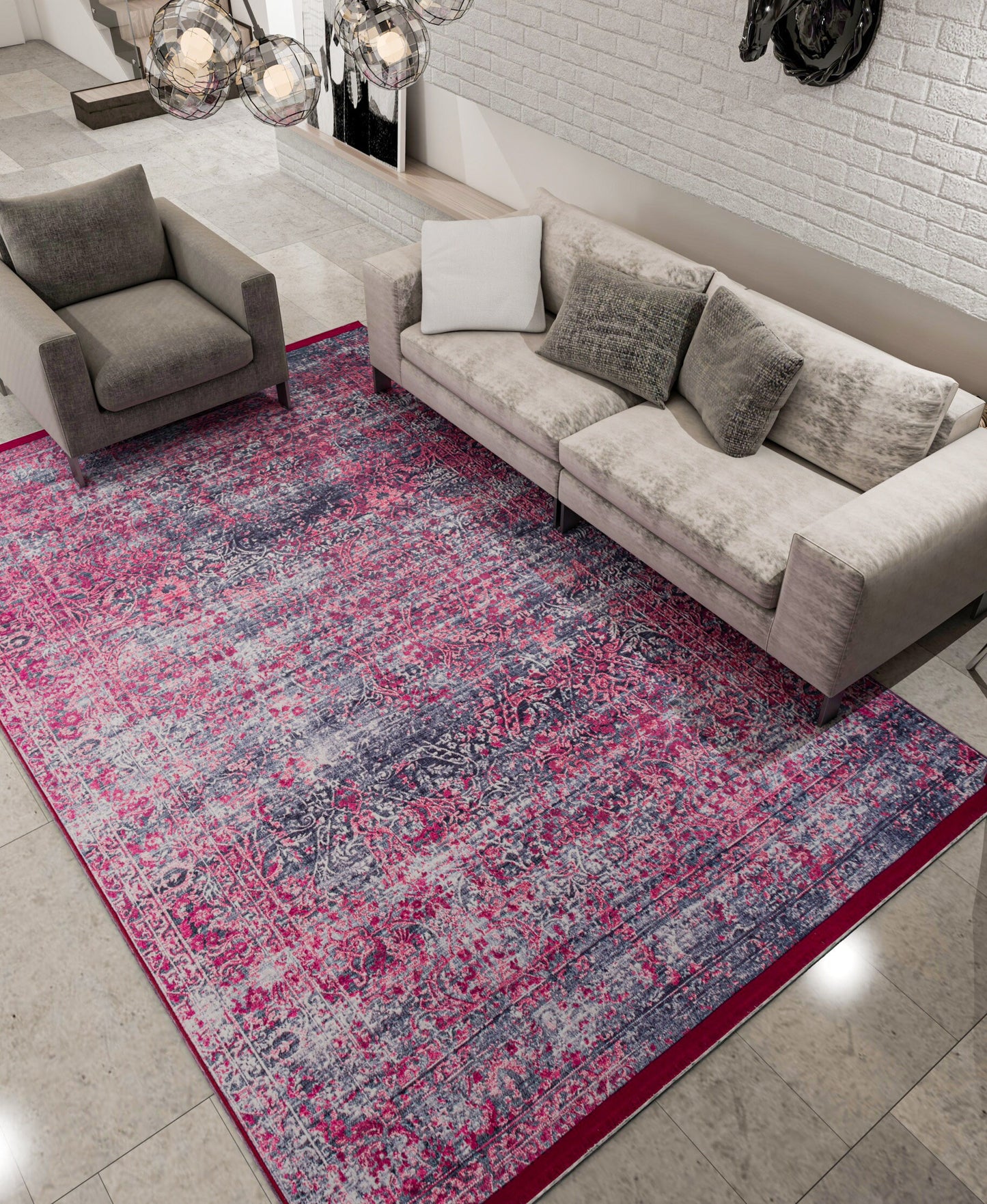 Distressed Magenta Persian Style Area Rug – Boho Living Room, Machine Washable Carpet