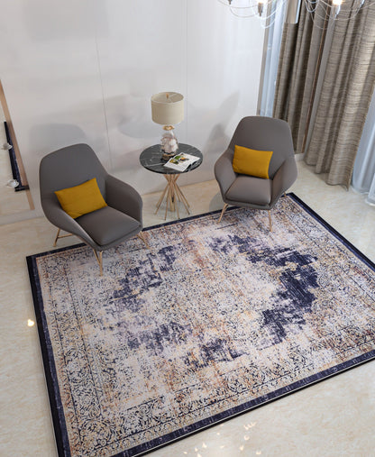 Distressed Persian Medallion Area Rug – Navy, Gold, Cream – Washable, Non-Slip Carpet