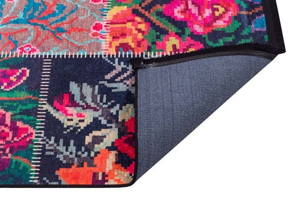 Floral Patchwork Area Rug – Boho Maximalist Pink Teal Flower Carpet, Non-Slip
