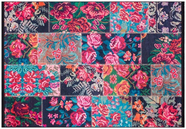 Floral Patchwork Area Rug – Boho Maximalist Pink Teal Flower Carpet, Non-Slip