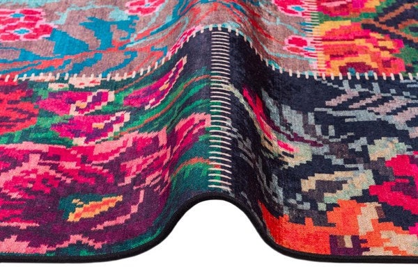 Floral Patchwork Area Rug – Boho Maximalist Pink Teal Flower Carpet, Non-Slip