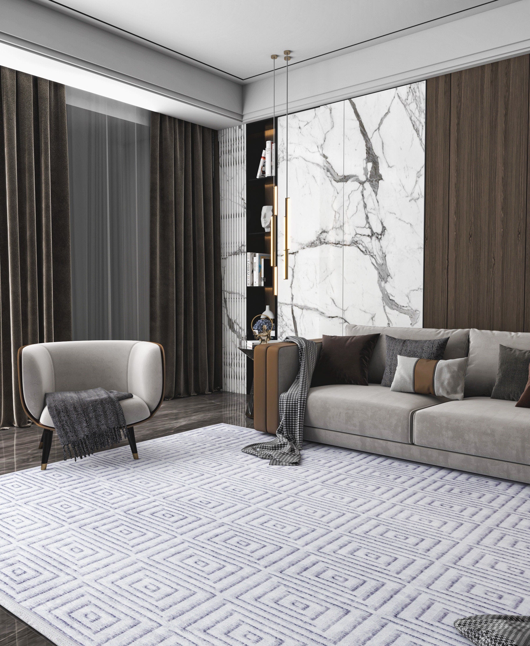 Washable Geometric Squares Area Rug, Modern Minimalist Low Pile Carpet