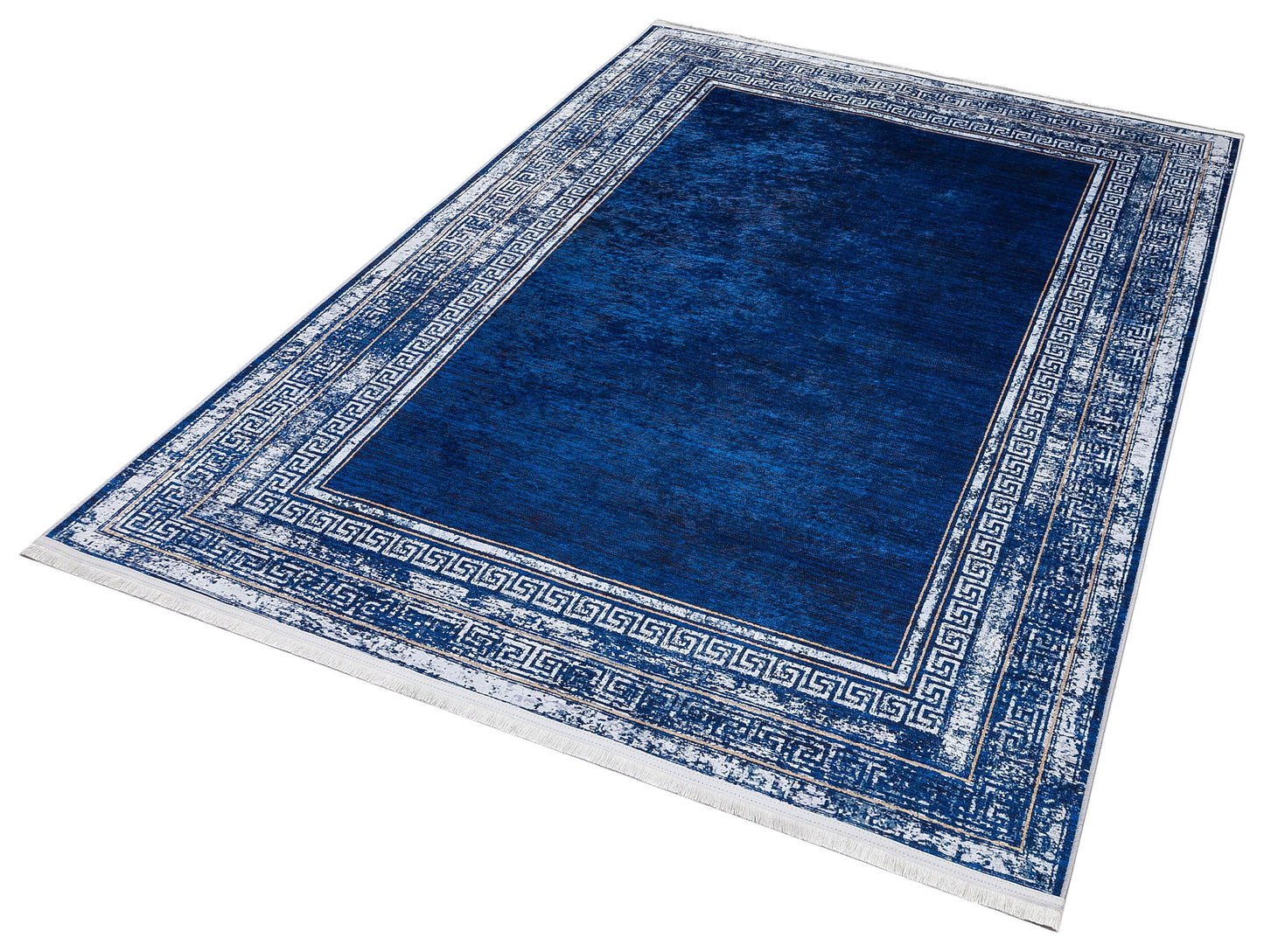 Navy Blue Greek Key Area Rug – Distressed Medallion Border Carpet, Boho Home Decor