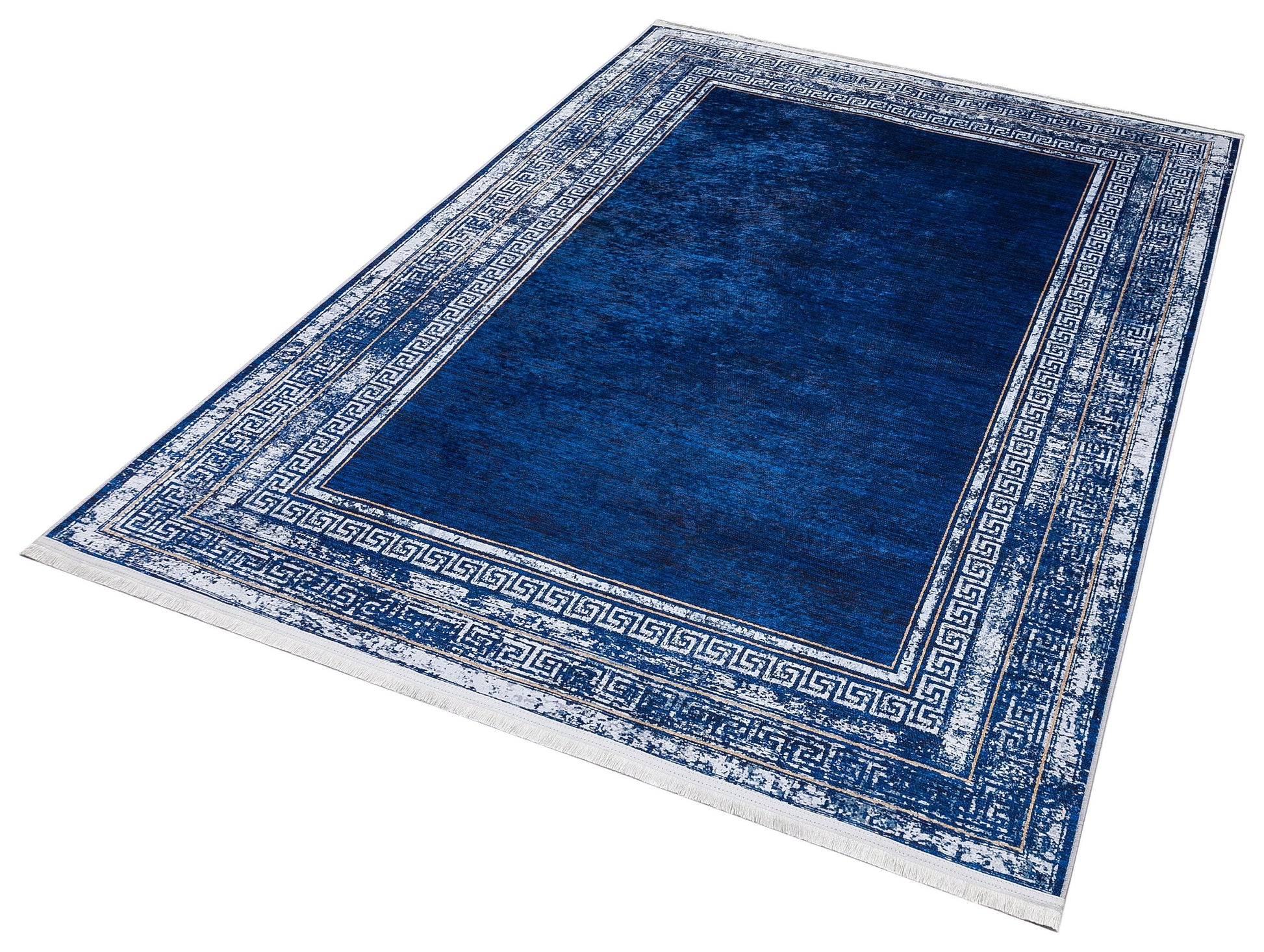 Navy Blue Greek Key Area Rug – Distressed Medallion Border Carpet, Boho Home Decor