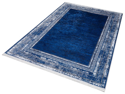 Navy Blue Greek Key Area Rug – Distressed Medallion Border Carpet, Boho Home Decor