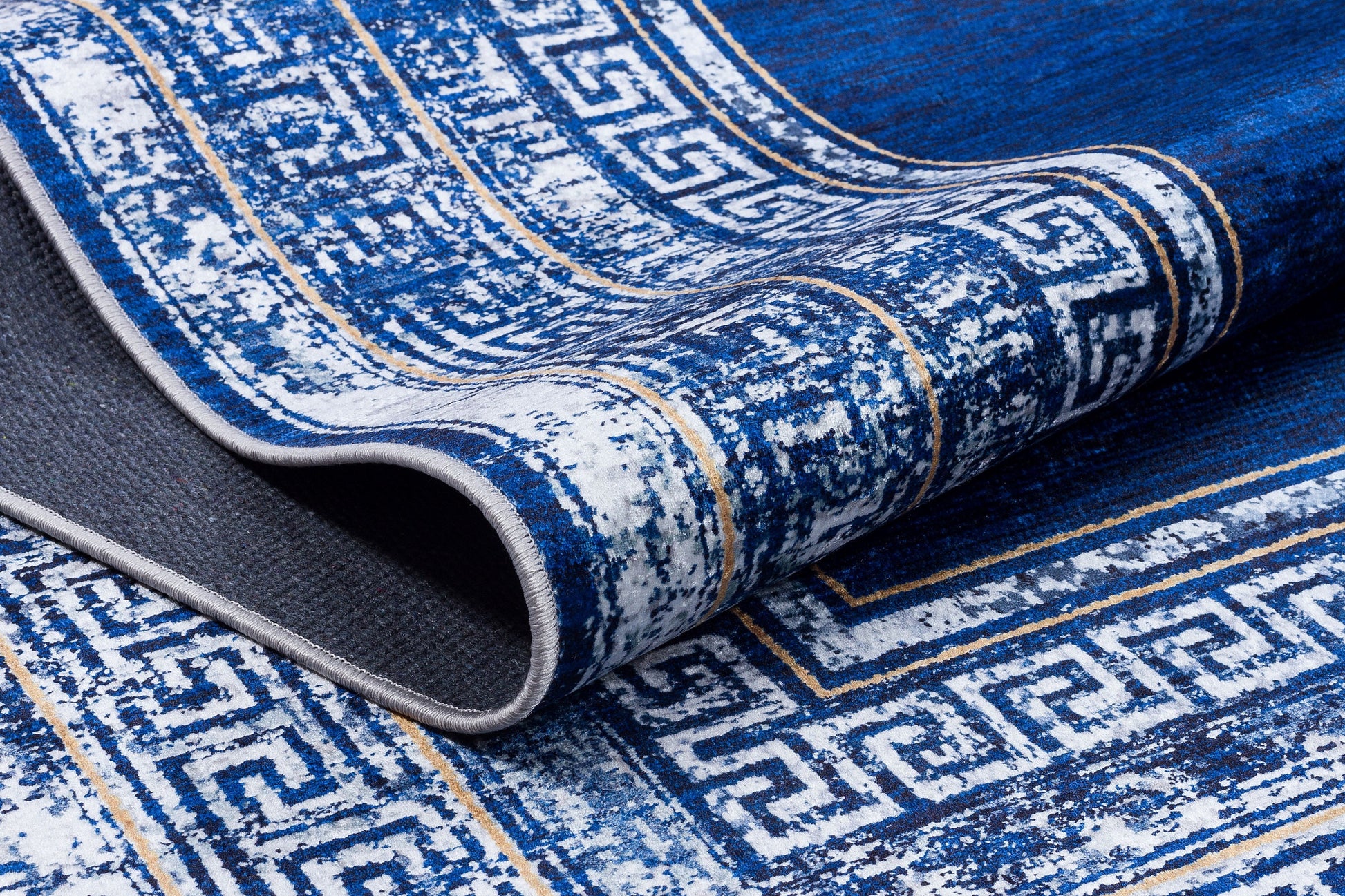 Navy Blue Greek Key Area Rug – Distressed Medallion Border Carpet, Boho Home Decor