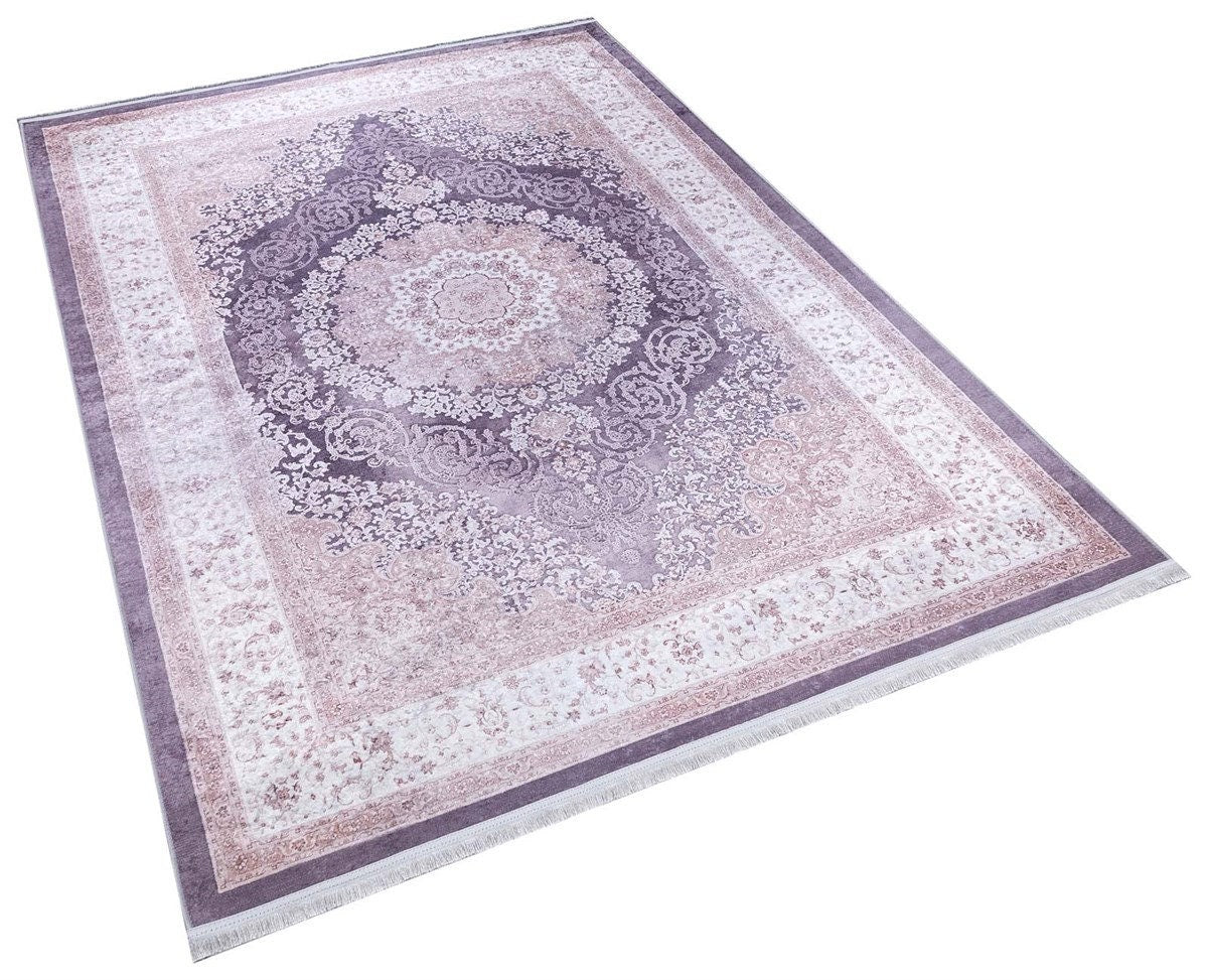 Washable Distressed Persian Medallion Rug – Dusty Mauve Lilac Boho Style