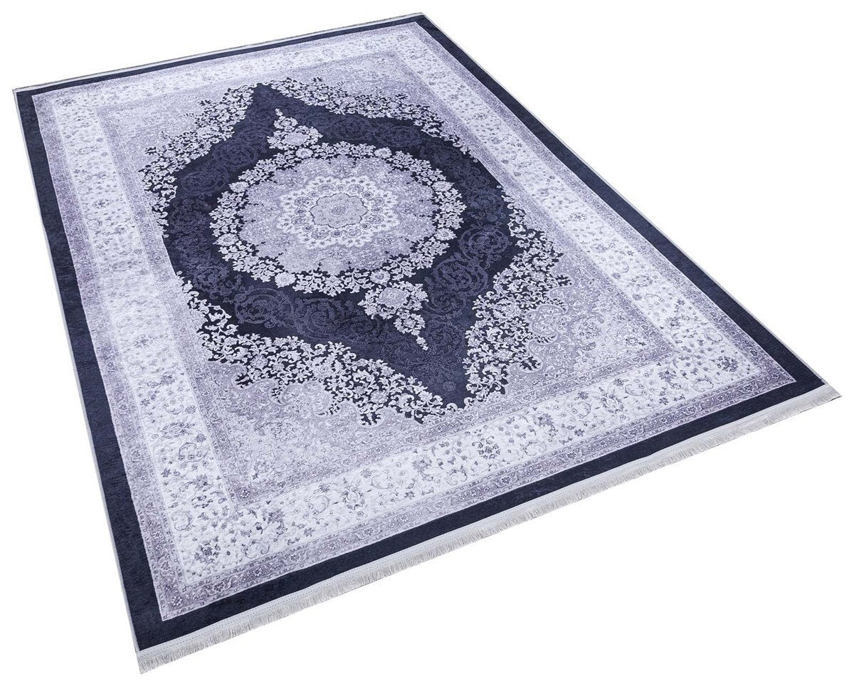 Machine Washable Persian Style Medallion Rug, Distressed Charcoal Grey Living Room Carpet