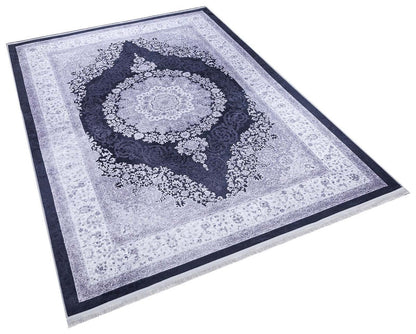 Machine Washable Persian Style Medallion Rug, Distressed Charcoal Grey Living Room Carpet