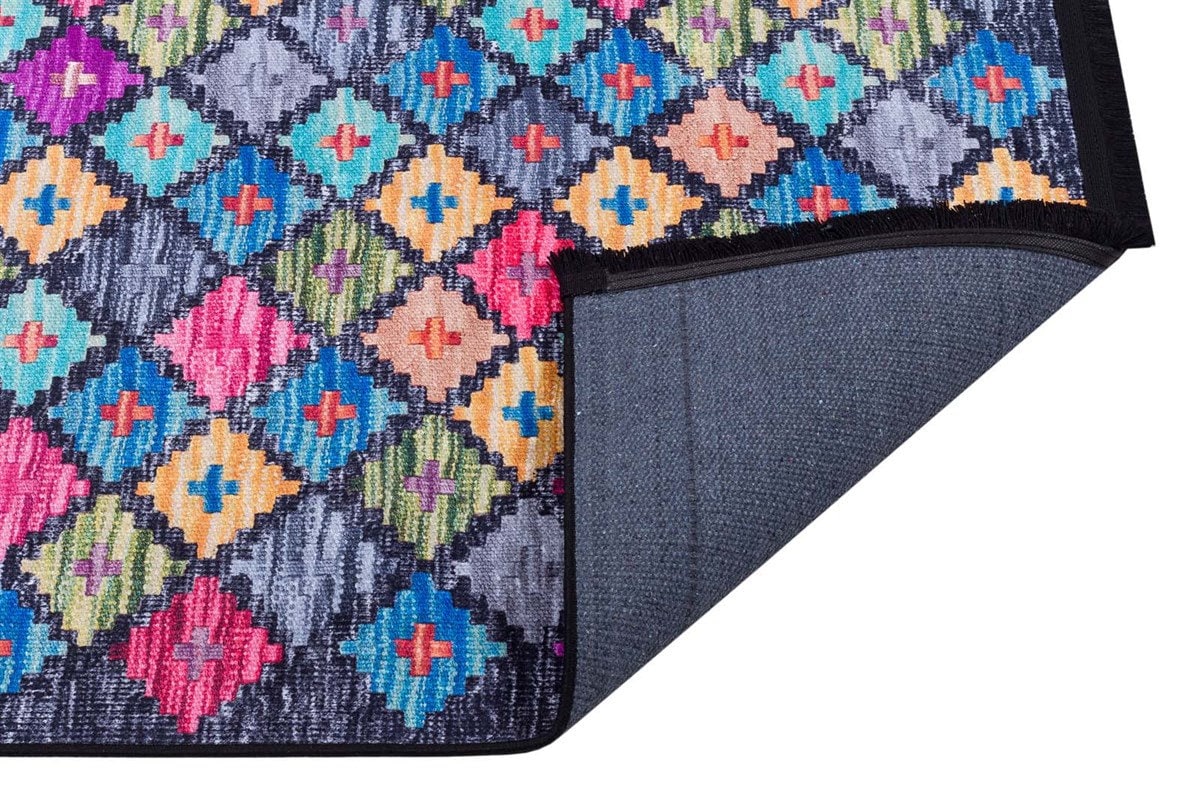 Washable Geometric Diamond Area Rug – Vibrant Boho Flatweave Carpet