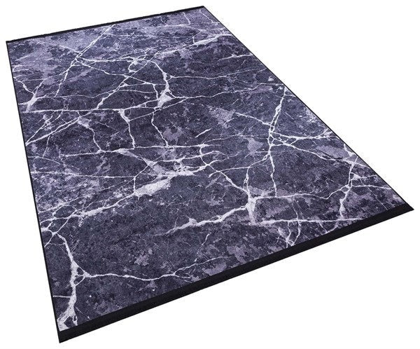 Modern Black Marble Area Rug, Charcoal White Veined Carpet, Minimalist Industrial Decor