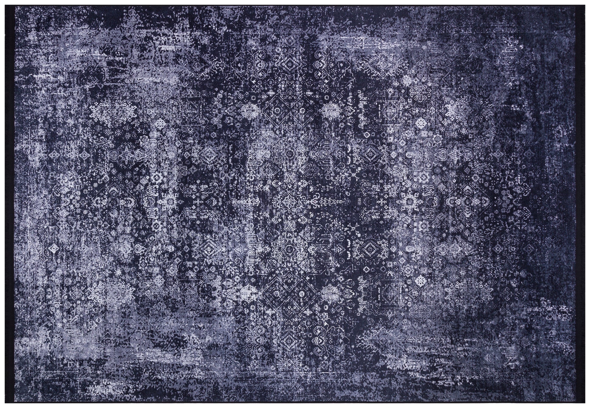 Distressed Navy Medallion Area Rug, Vintage Boho Faded Carpet, Non-Slip Living Room Runner