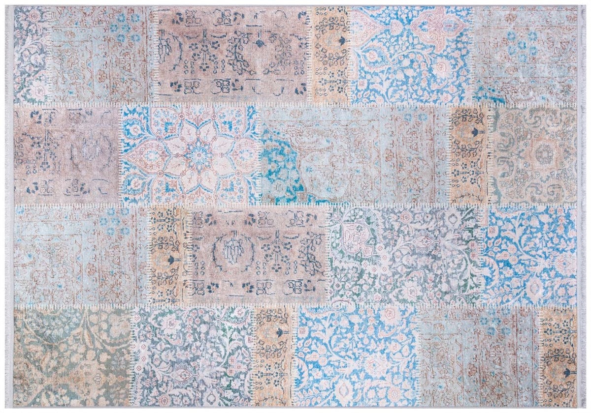 Distressed Patchwork Area Rug – Boho Persian Style, Machine Washable Carpet