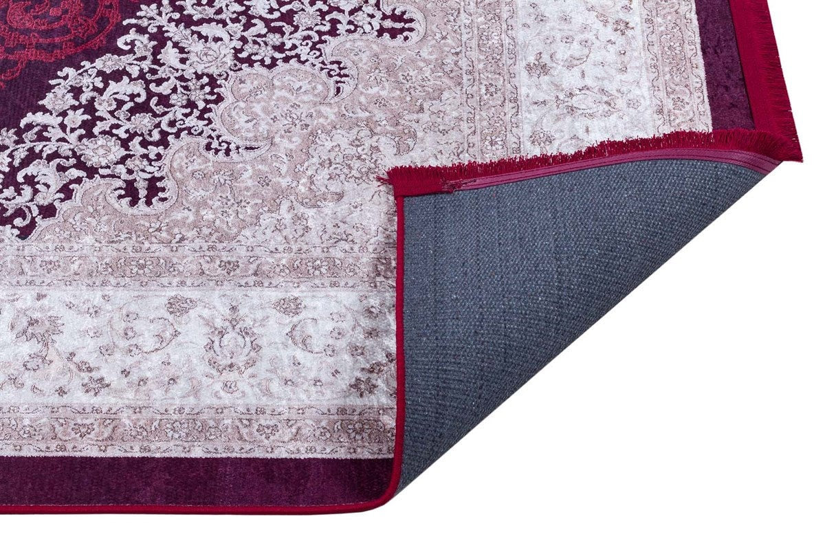 Washable Persian Medallion Rug – Burgundy Cream Distressed Traditional Carpet