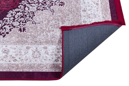 Washable Persian Medallion Rug – Burgundy Cream Distressed Traditional Carpet