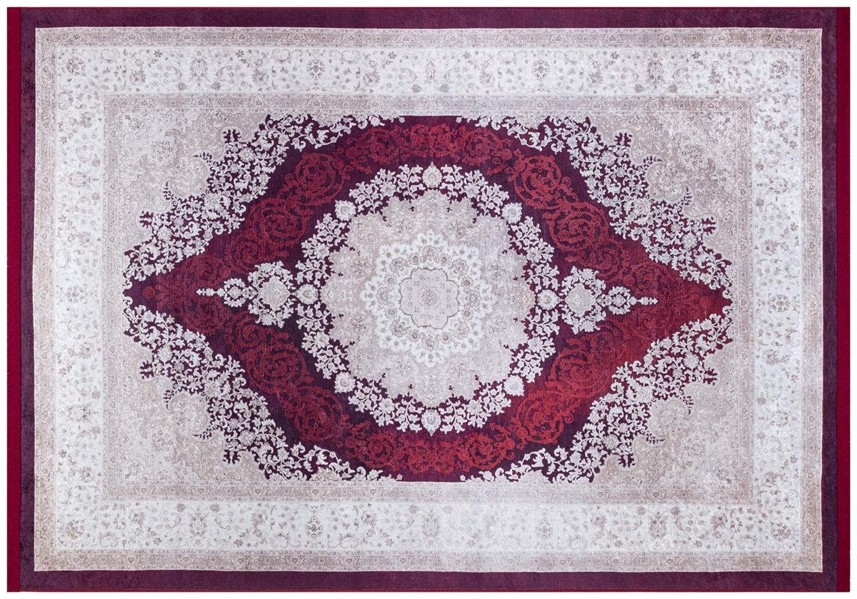 Washable Persian Medallion Rug – Burgundy Cream Distressed Traditional Carpet