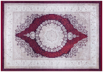 Washable Persian Medallion Rug – Burgundy Cream Distressed Traditional Carpet