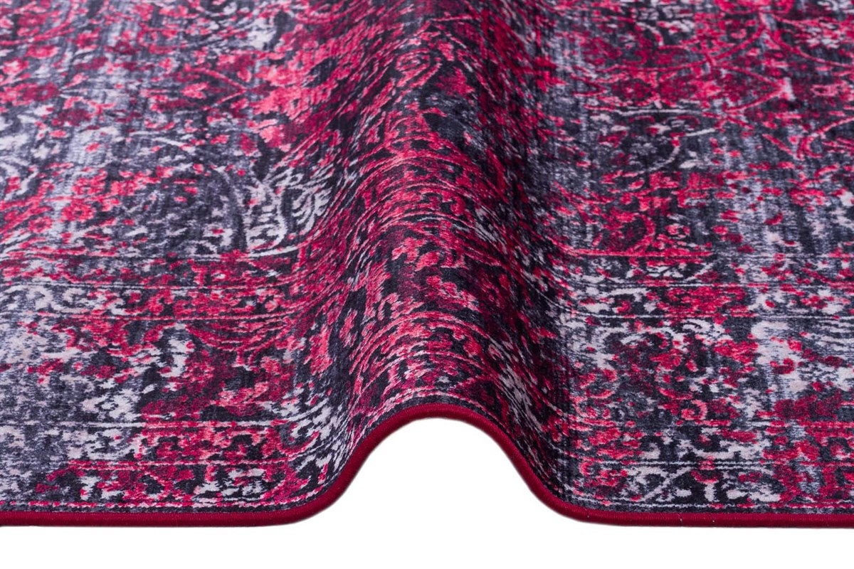 Distressed Magenta Persian Style Area Rug – Boho Living Room, Machine Washable Carpet