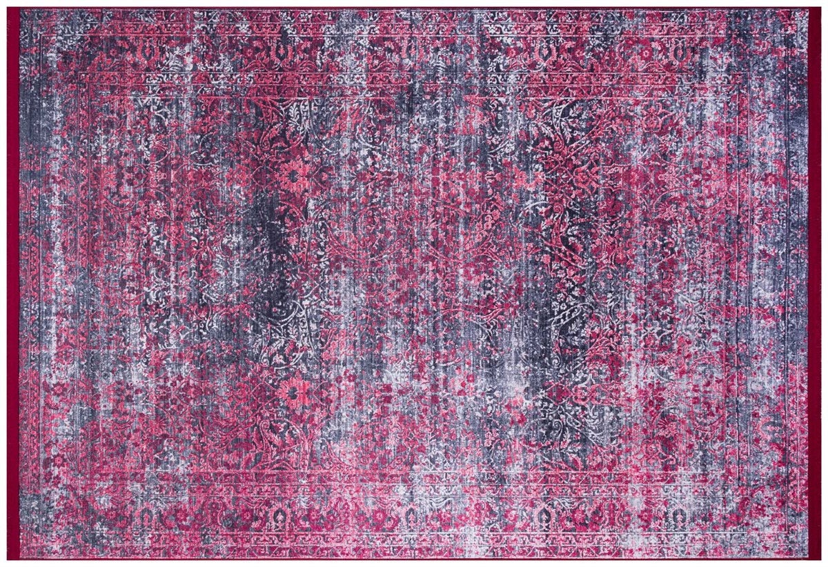 Distressed Magenta Persian Style Area Rug – Boho Living Room, Machine Washable Carpet