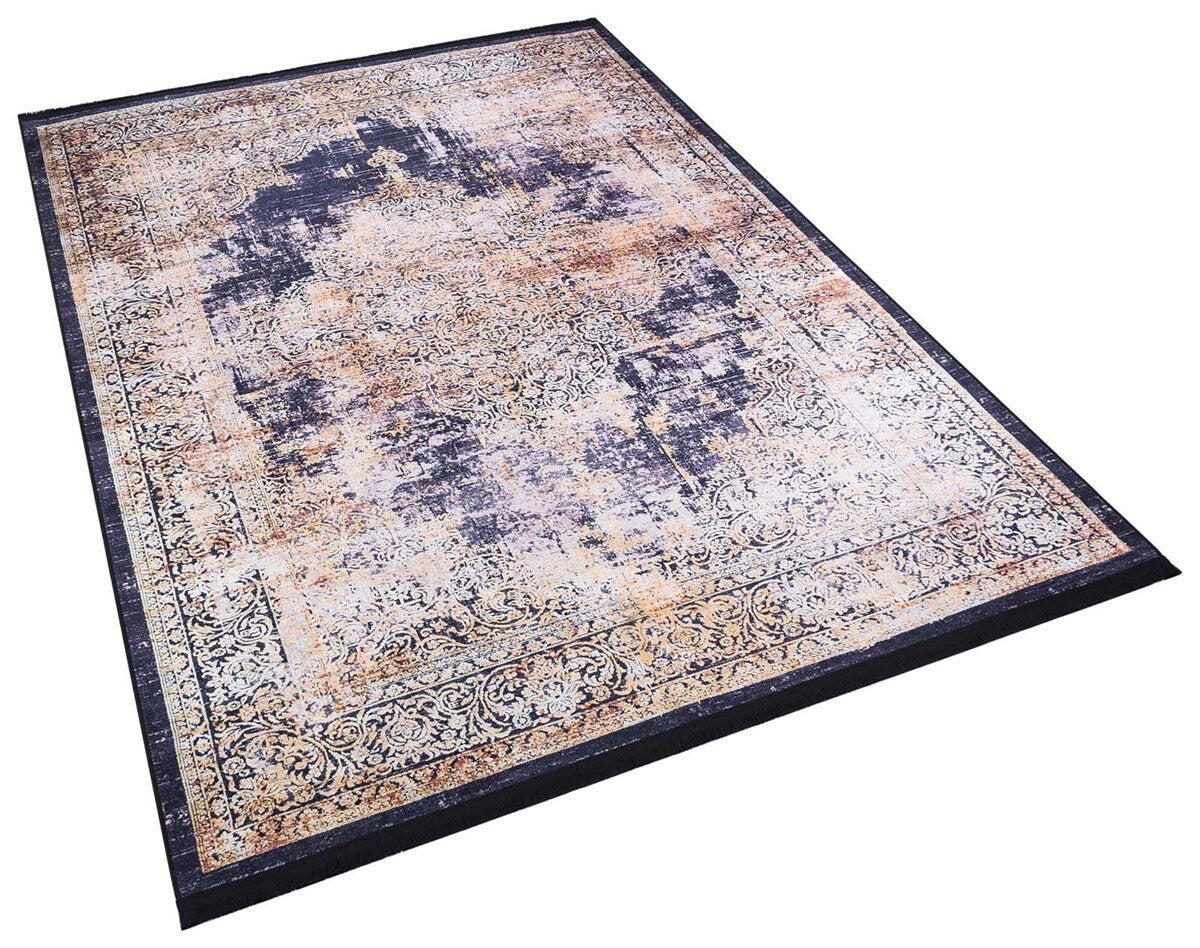 Distressed Persian Medallion Area Rug – Navy, Gold, Cream – Washable, Non-Slip Carpet